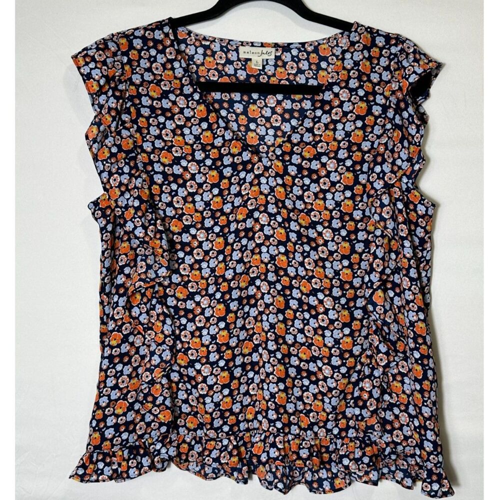 Maison Jules Women's Granny Core Sleeveless Ruffled V-Neck Blouse Size L Flowers